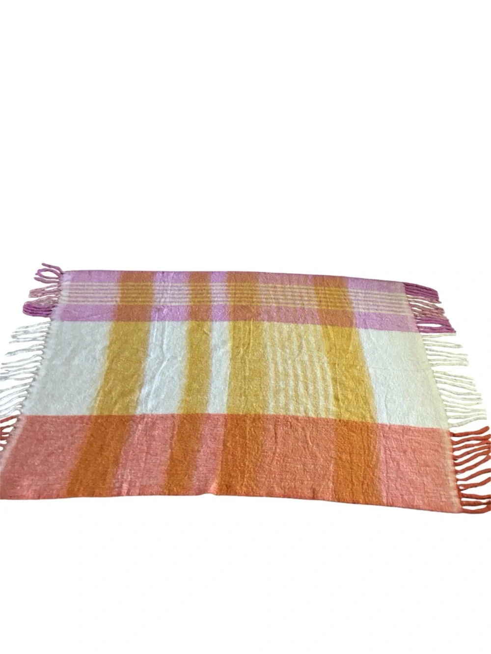 Anthropologie Brushed Mohair Wool Plaid Tassel Throw Blanket Striped Pastels